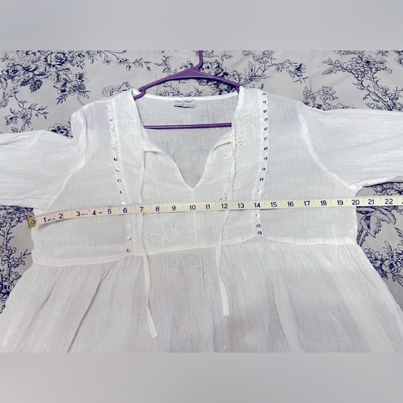 Peace Angel White Peasant Top with ties; long sleeve; sheer; Women’s Size Large - Picture 7 of 8